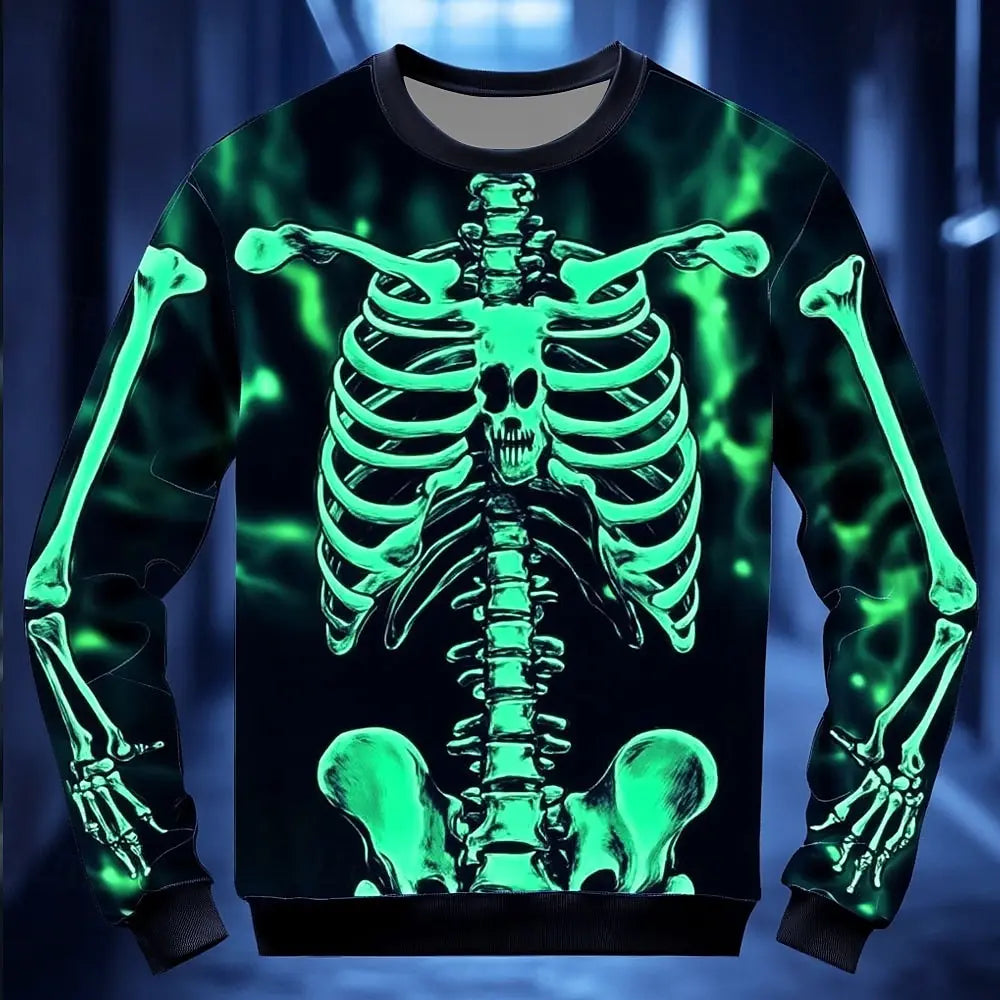2025 Fall Winter Skeleton Graphics Design Men's Casual Hoodies Sweatshirts Crew Neck Pullover Long Sleeve Trendy Streetwear.
