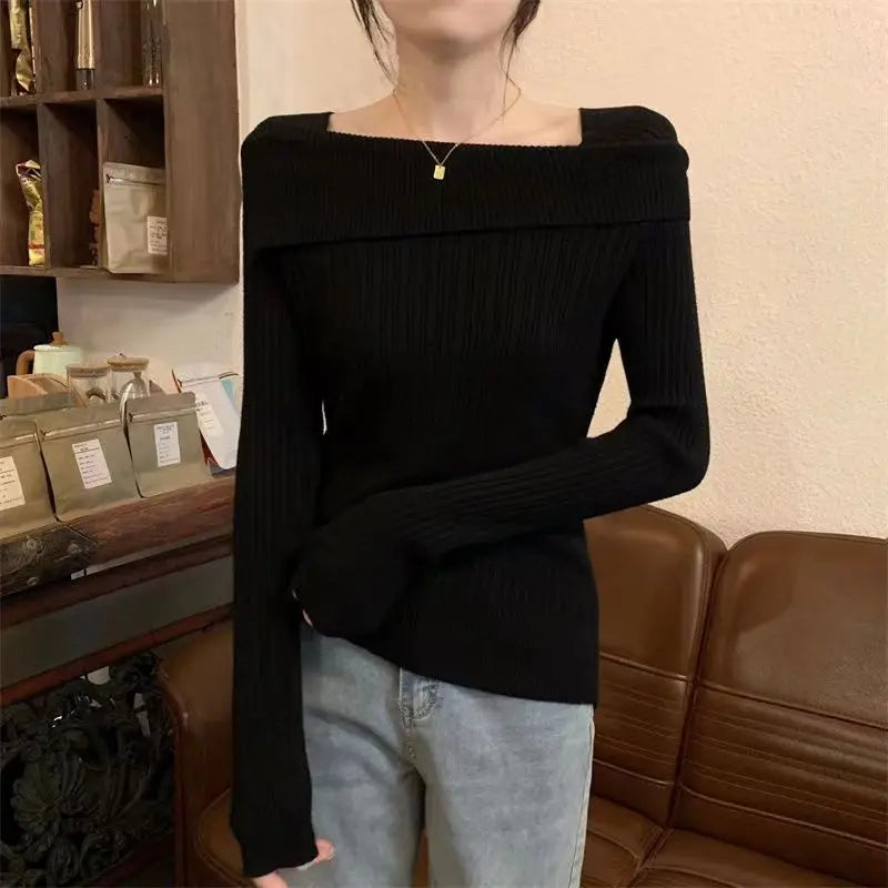 Solide Sexy Schlank Off Schulter Slash Neck Langarm Stricken Pullover Frauen Jumper Büro Mode Neue