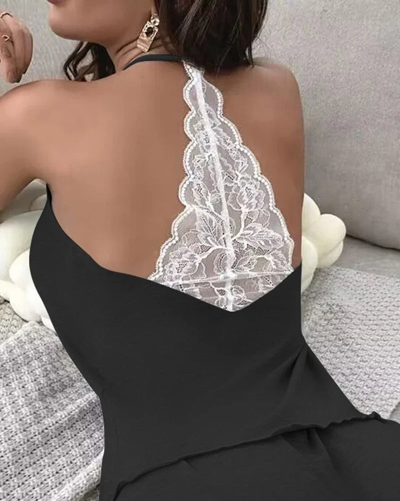 Damen-Pyjama mit Häkelspitze, 2-teilig, ärmellos, V-Ausschnitt, lässiger Nachtwäsche-Anzug, sexy, solide Heimkleidung, Sommerkleidung