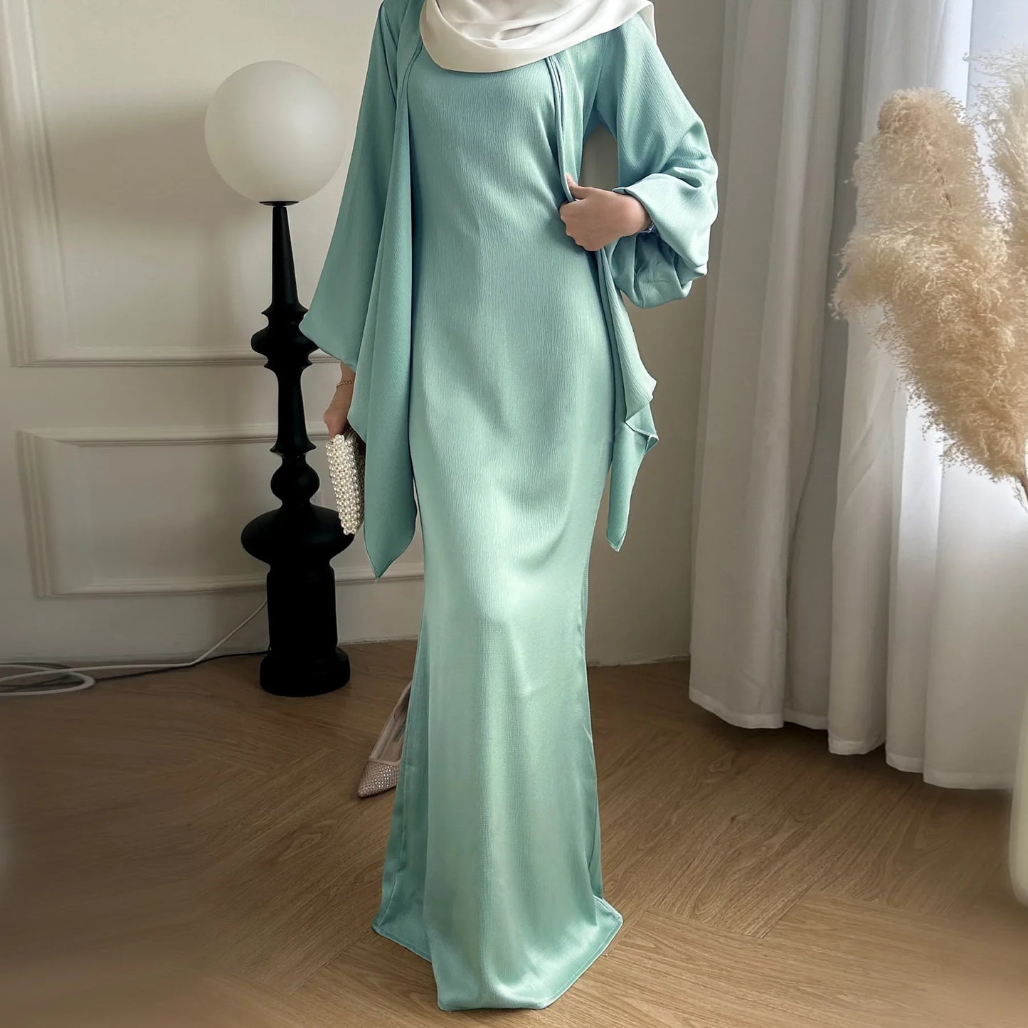 2-teiliges Saudi-Arabien muslimisches Damen-Abaya-Kleid aus Satin für Damen, Islam, Dubai, Urlaub, bescheidene Kleidung, 2024, elegante türkische Robe