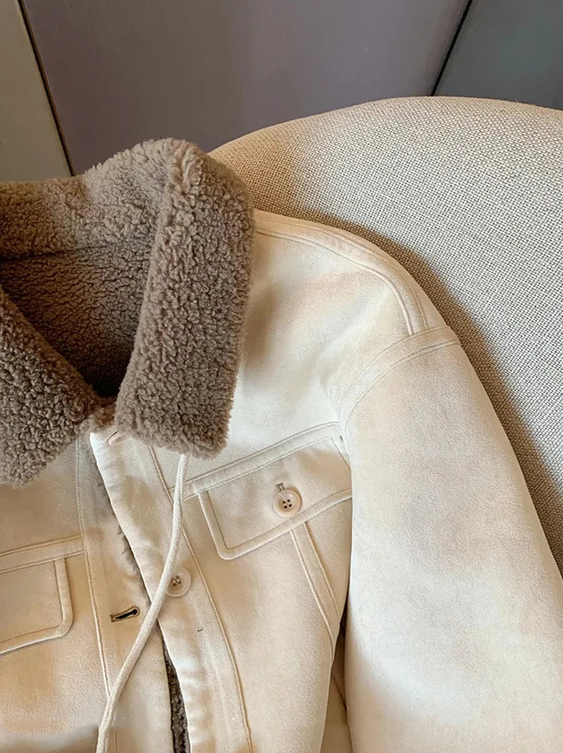 Wildleder Samt Lamm Jacke Frauen Herbst Winter Dicke Warme Turndown Kragen Mantel Y2K Lose Streetwear Alle Spiel Langarm Outwear