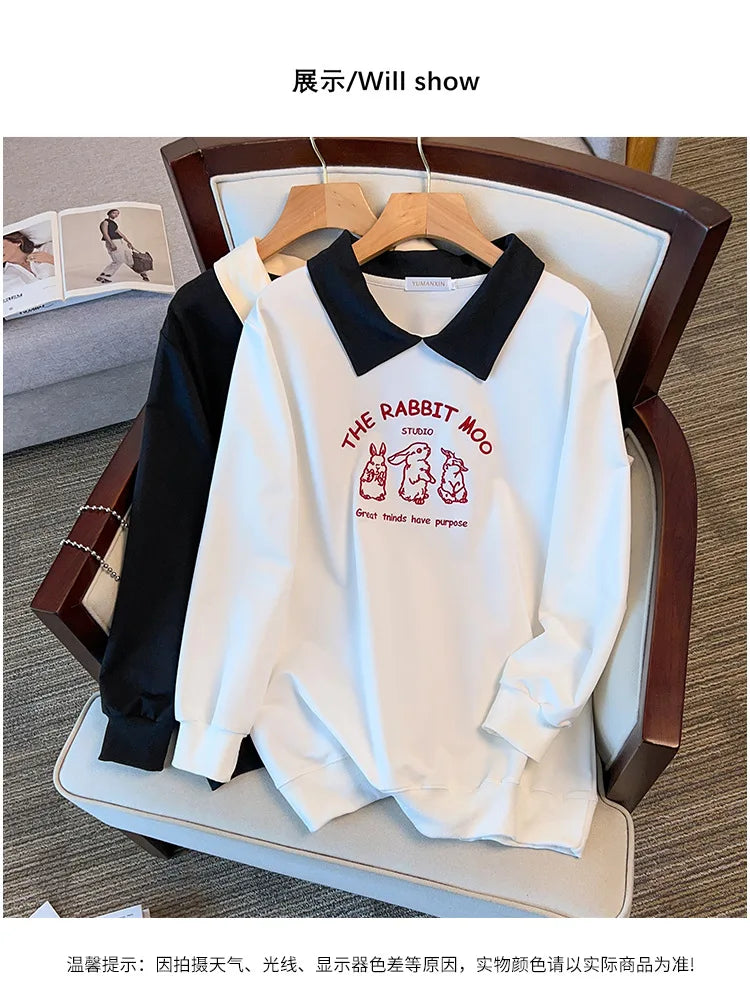 175kg plus size Damen büste Frühling Herbst loser Polo kragen Kaninchen besticktes Sweatshirt schwarz weiß 5xl 6xl 7xl 8xl 9xl