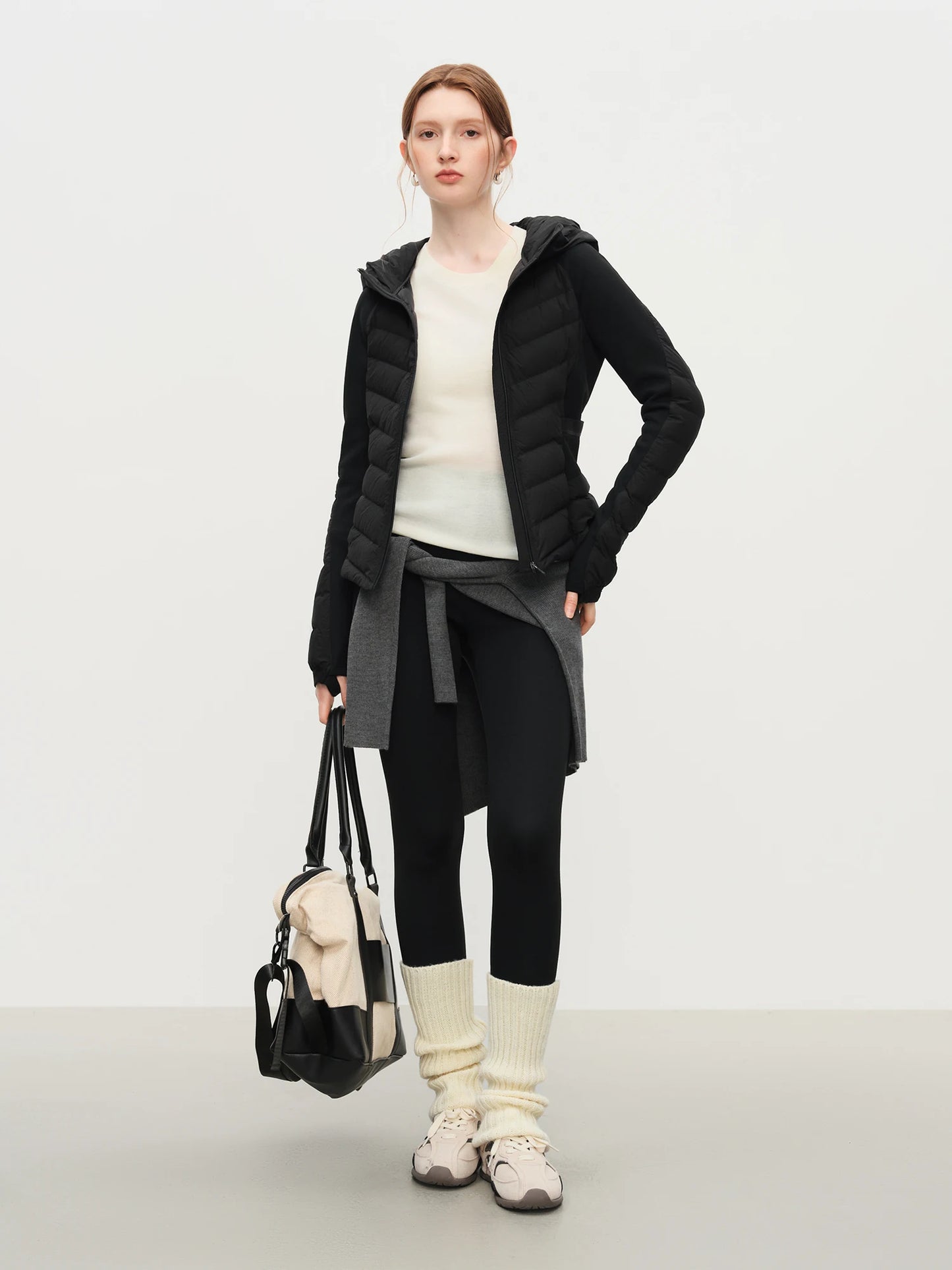 FSLE Patchwork Leichte Stretch-Strick-Kapuzenjacke 2025, Winter, Neuankömmling, schwarze kurze Daunenmäntel