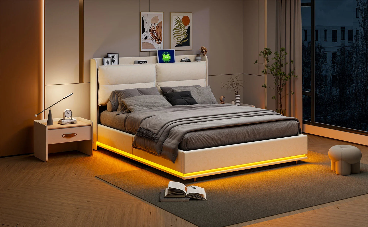 Lazyspace gepolstertes Doppelbett mit LED-Licht, Bettgestell 160 x 200 cm, Druckbett mit Lattenrost aus Holz, ohne Matratze