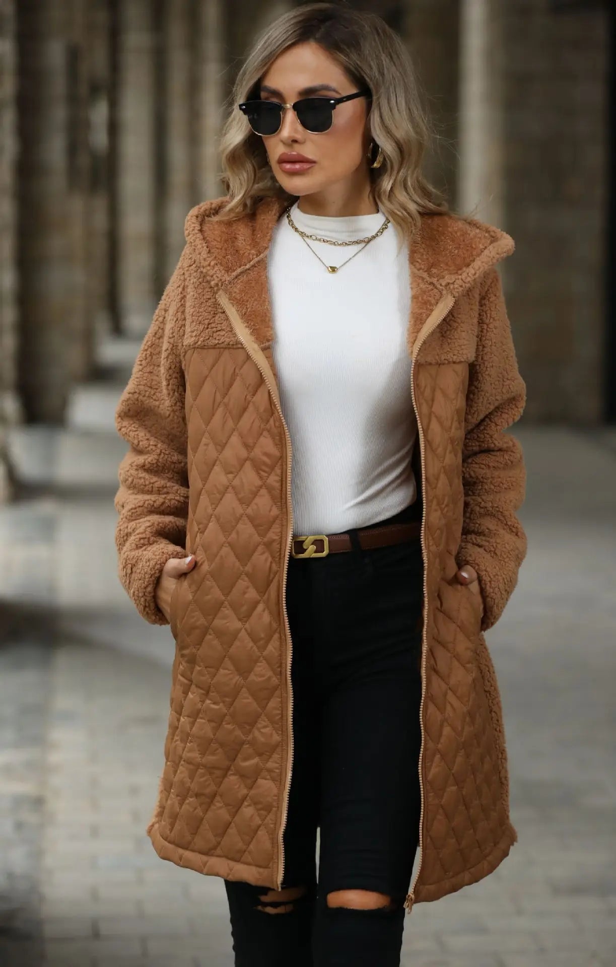 FairyShely 2025 Winter Solide Frauen Jacke Dicken Plüsch Mit Kapuze Warme Lange Hülse Langen Mantel Weiche Zipper Patchwork Strickjacke Dame Mantel