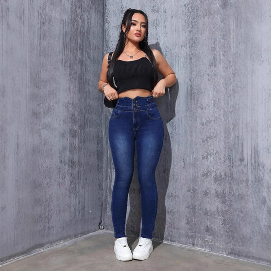 High Waist Elastic Denim Pants Slim Fit Women's Ankle Length Jeans Decorative Button Casual Fashionable Trousers.