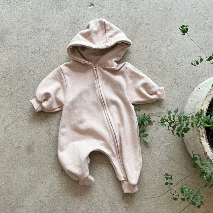 2024 Baby Kapuze Reiß verschluss Bodysuit Neugeborene Jungen und Mädchen Bergsteiger Anzug einfarbig Bodysuit Long Fit Sport Kletter anzug