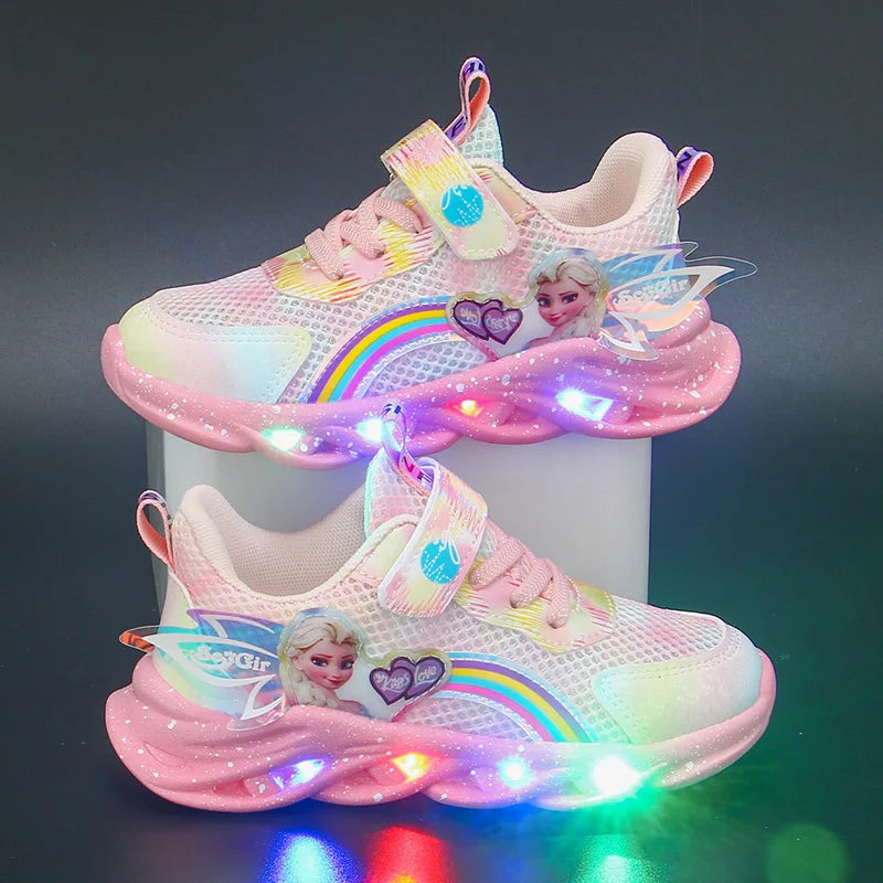 Disney Girls' Casual Shoes Led Lights Mesh Breathable Children's Sports Princess Elsa Pink Purple Shoes Sneakers Size 22-37
