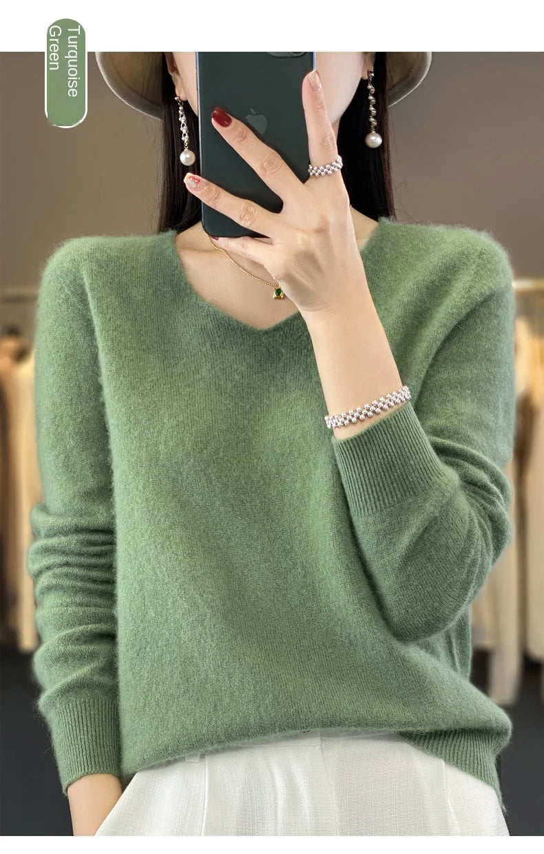2024 100% Merino Reine Wolle V-ausschnitt Herbst Und Winter Pullover Pullover Neue Kaschmir Pullover frauen Beiläufige Gestrickte Top DMR201