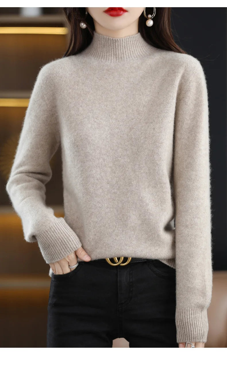 Herbst Winter Frauen Pullover Koreanische Mode Warme Bodenbildung Shirts Halb Hohe Kragen Grundlegende Strickwaren Solide Langarm Pullover