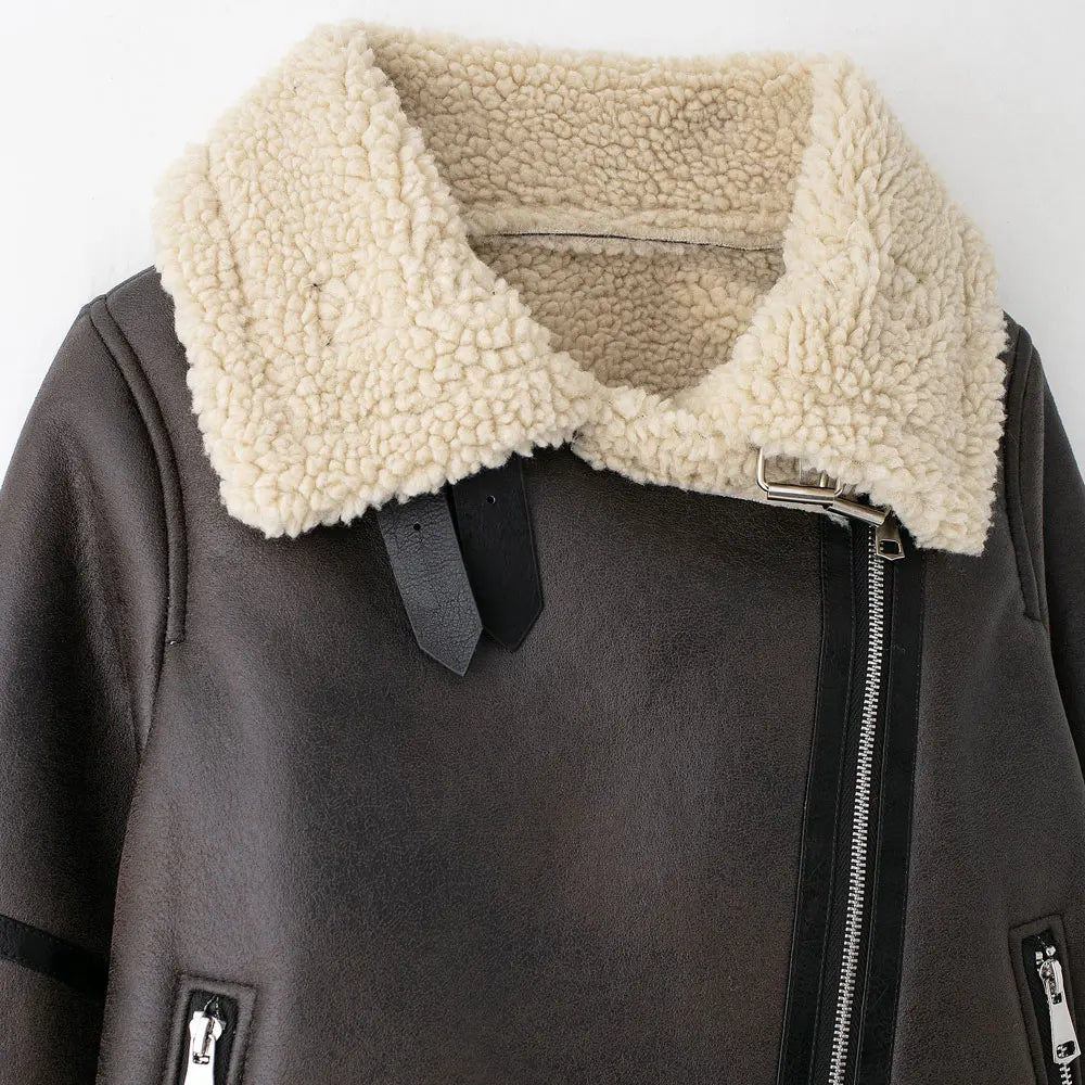 TRZA-Damen-Jacke aus dickem, warmem Wildleder mit Gürtel, langärmlige Mäntel, Kunstscheren, weibliche Oberbekleidung, schicke Oberteile, Wintermode
