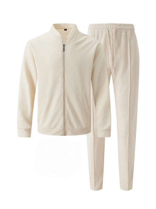 2025 new spring and autumn men stand collar solid color baseball casual Waffle full pants two men's suit men's wear.