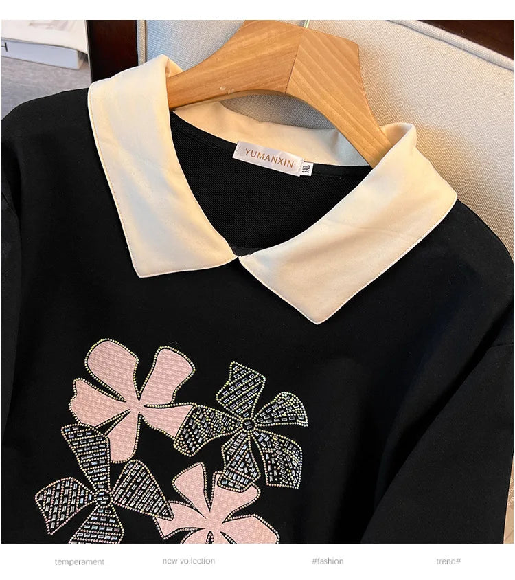 170 kg Plus Size Damen-Büste 170 Frühling Herbst Loose Diamond Collared Sweatshirt Schwarz 4XL 5XL 6XL 7XL 8XL 9XL