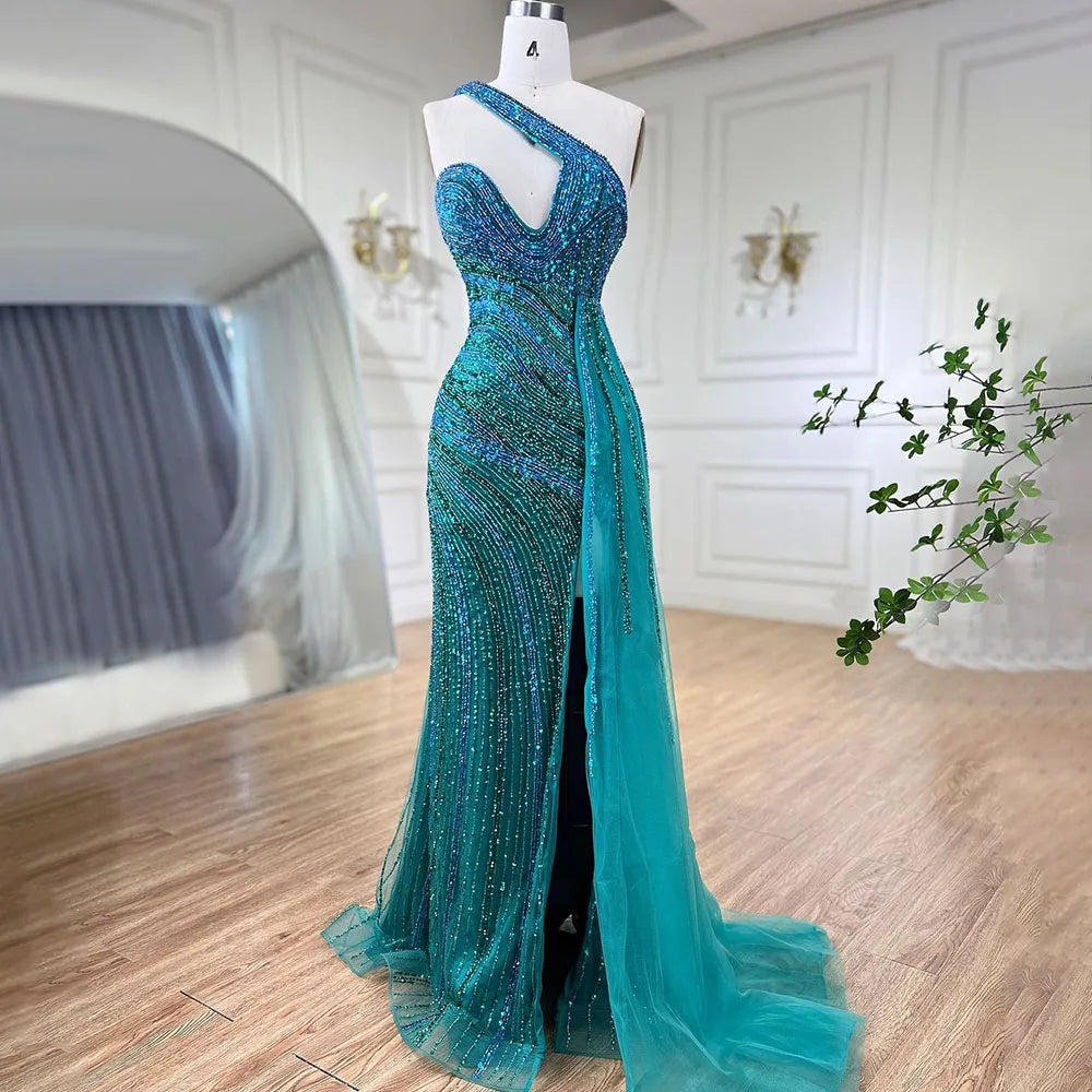 Blau Grün Meerjungfrau Sexy High Split One Shoulder Perlen Lange Abendkleider Kleider Anpassen Hochzeit Party BLA72104 Serene Hill