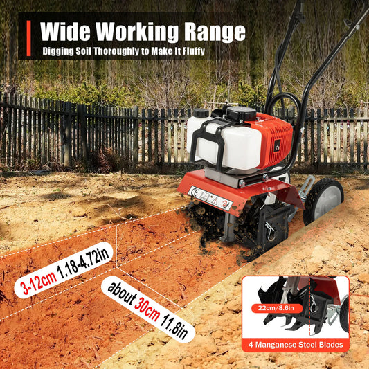 52CC 1700W Benzin-Gartenfräse Kabelloser, luftgekühlter 2-Takt-Grubber, rotierend, zum Laufen, Lösen, 12 Zoll/30 cm breit, 12 cm dp