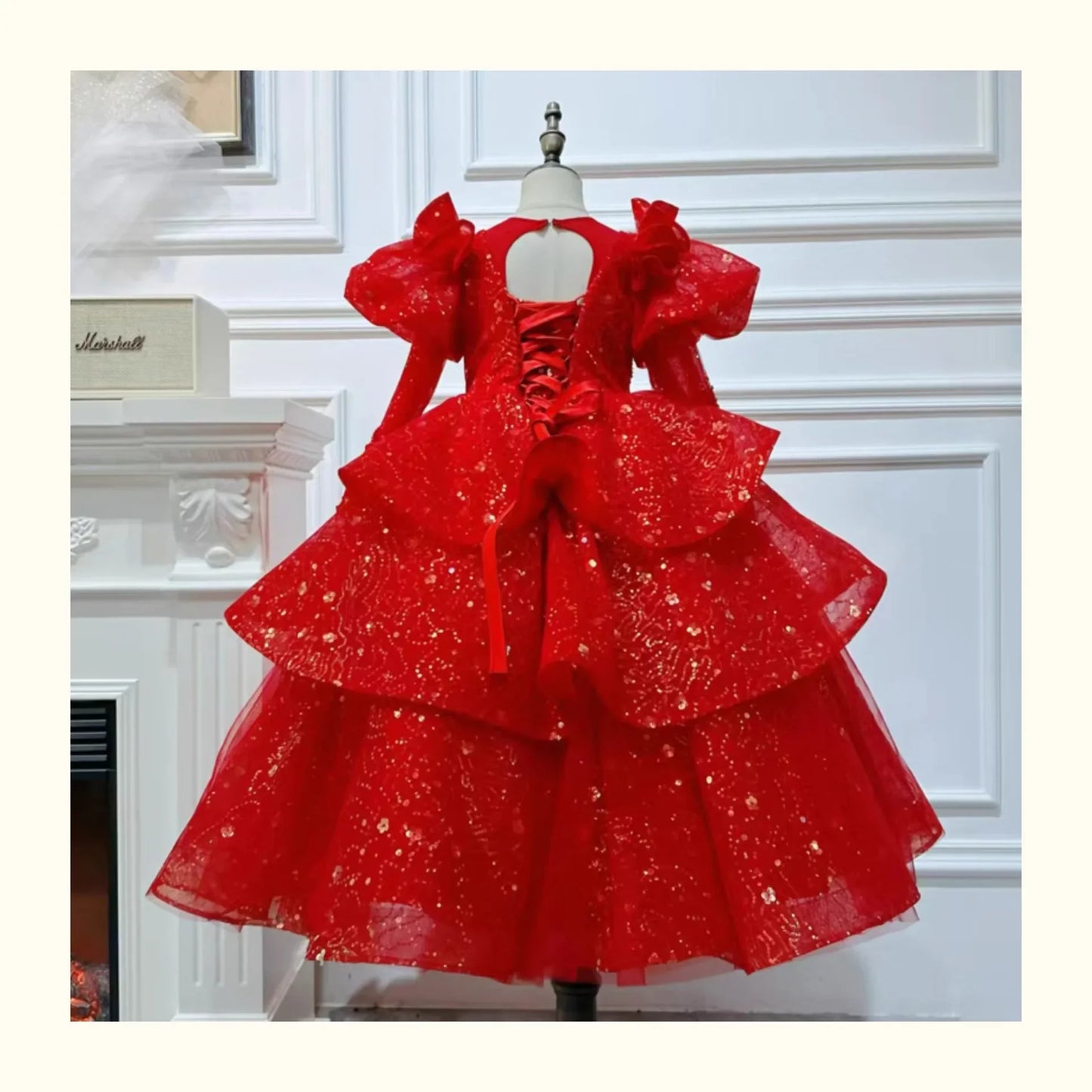 2025, Kinderkleid, Performance-Outfit, Mädchen, Blumen-Pailletten, geschwollenes Kleid, rote Partykleidung, Kinder, Mädchen, Geburtstag, Prinzessinnenkleider, glitzernd