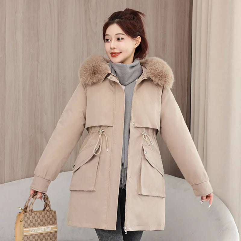 Winter dame Winter Stepp Mantel Abnehmbare Futter Pelz Kragen Gürtel Parka Jacke Für Frauen Verdickt Thermische frauen Mantel
