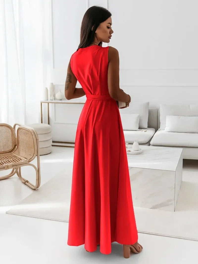 Frühling Sommer Neue Stil frauen Lange V-ausschnitt Kleid Reine Farbe Maxi Kleid Ärmelloses Empire-Taille Kleid für Damen Modische