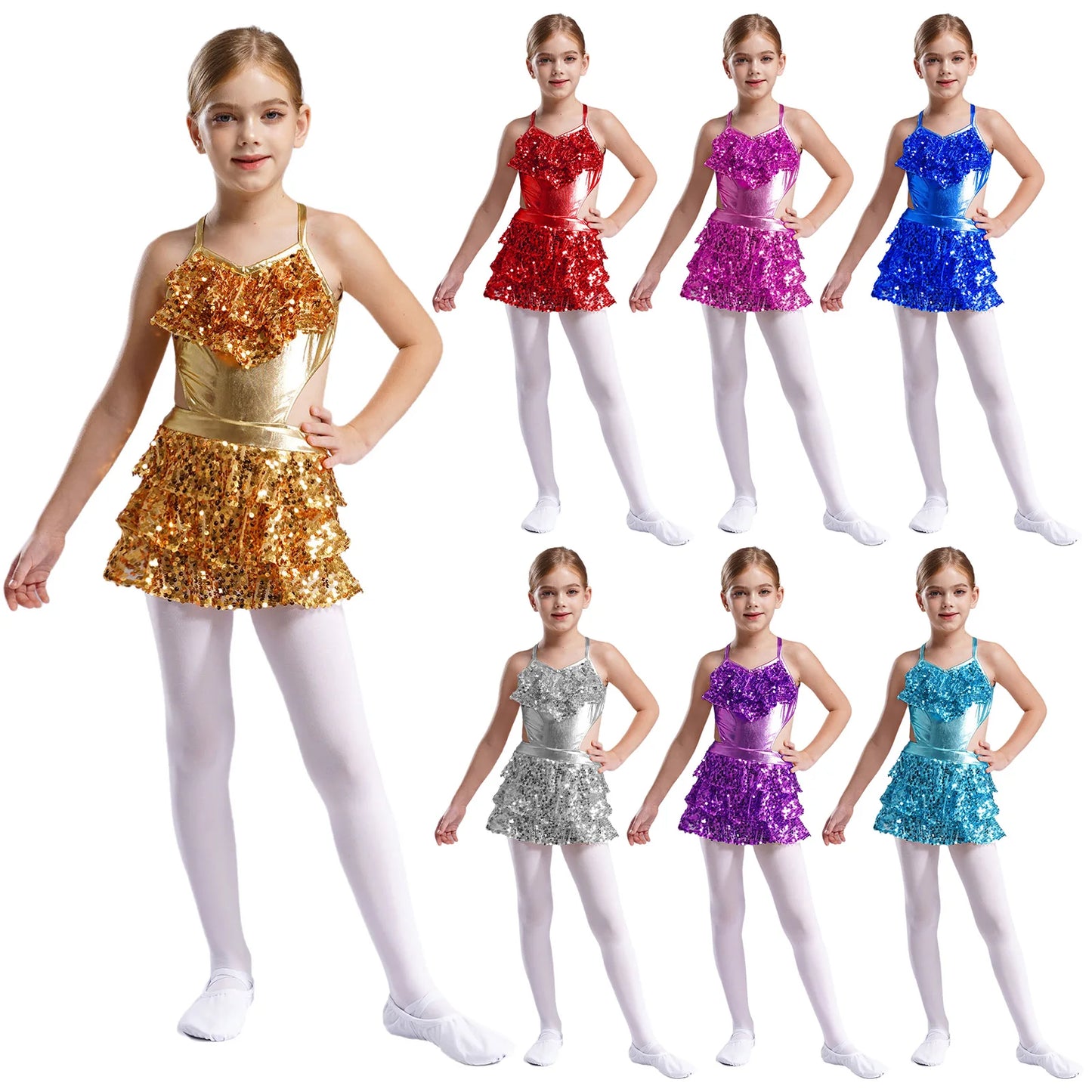Kinder Mädchen Pailletten Jazz Ballett Tanzkleid Ärmellos Ausschnitt Tiered Rüschen Trikot Salsa Samba Rumba Skating Performance Kostüm
