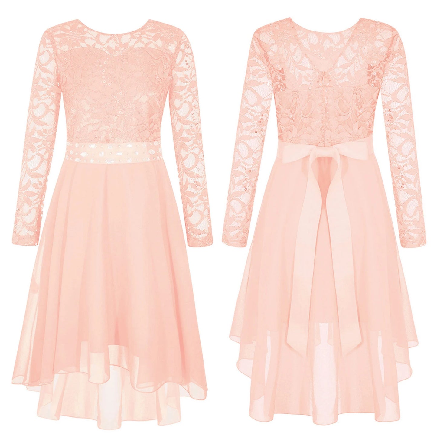Elegantes Spitzen-Partykleid für Kinder, Mädchen, Chiffon, Spleißen, langärmelig, Kleid mit hohem und niedrigem Saum und Strass-Schärpe für Hochzeit, Geburtstag