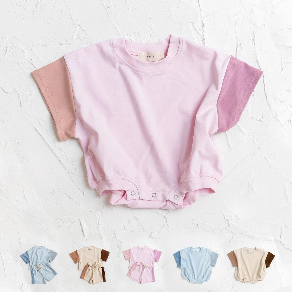 2023 sommer Neugeborenen Baby Jungen Mädchen Übergroßen Strampler Kleidung 0-24M Patchwork Farbe Baumwolle Kurzarm Body Grundlegende overalls