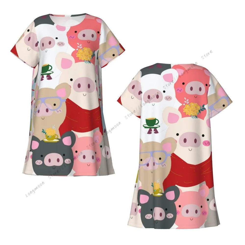 Sommer-Damen-Pyjama, Vintage-Stil, süßes Babyschwein, blau, grau, Pastell, Cartoon-Comic-Kunst, kurzärmeliges Nachthemd, dünner langer Rock, Homewear