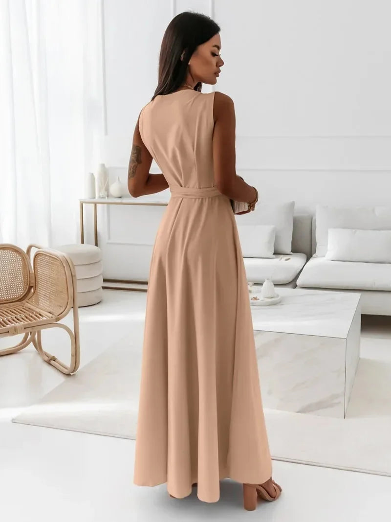 Frühling Sommer Neue Stil frauen Lange V-ausschnitt Kleid Reine Farbe Maxi Kleid Ärmelloses Empire-Taille Kleid für Damen Modische