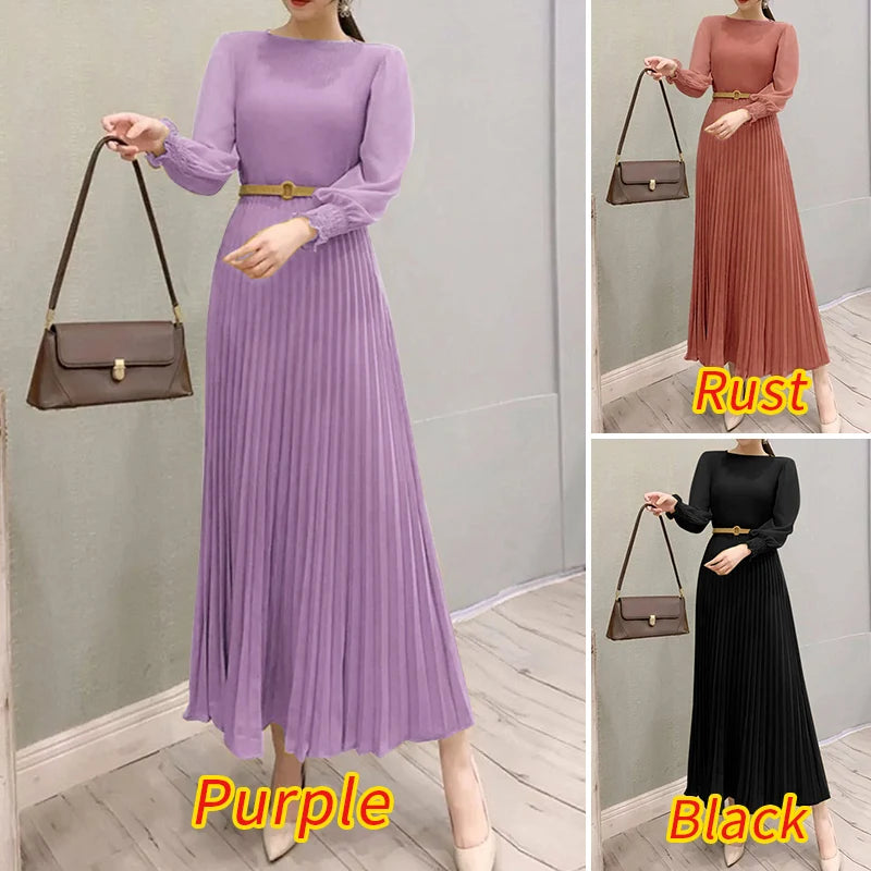 ZANZEA Elegantes Damen-Plisseekleid, edel, gesmokte Bündchen, langärmelig, O-Ausschnitt, Fit und Flare, lang, Vestidos, Pendeln, solide Party-Roben