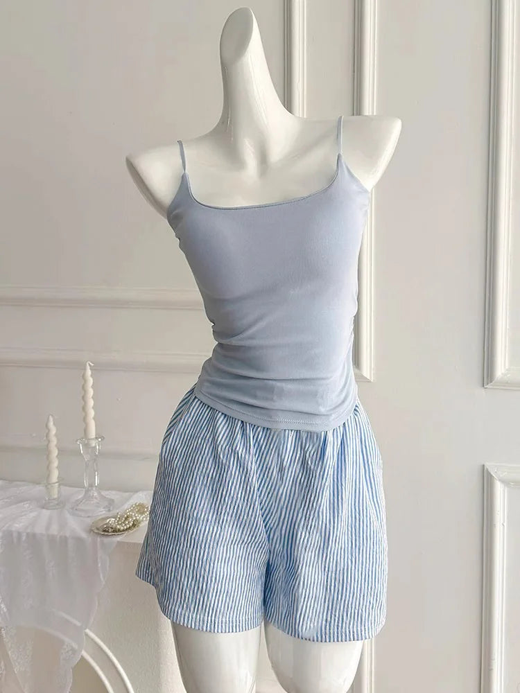 Einfarbiger Pyjama mit Brustpolstern, gestreifte Shorts für Damen, Sommer, dünne Leibchen-Shorts, Loungewear, großer Pyjama, zweiteiliges Set