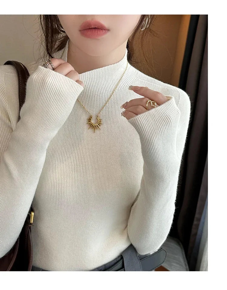 Herbst Winter Pullover Pullover Bodenbildung Shirt Frauen Gestrickte Shirts Weibliche Lange Hülse Mock Neck Elastische Dünne Pullover Stricken Tops