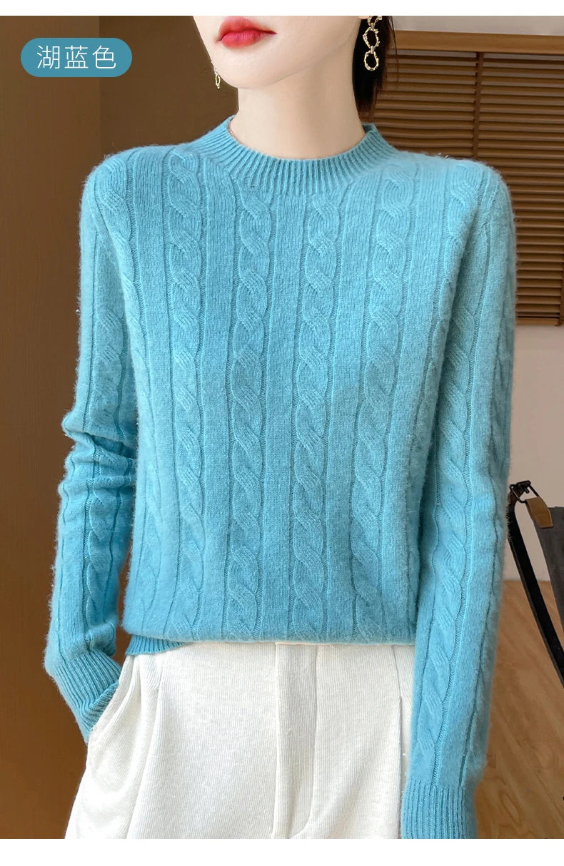 Frauen 100% Merino Wolle Verdickung Pullover Oansatz Gestrickte Twisted Pullover Herbst Winter Kaschmir Langarm Kleidung Basis Tops