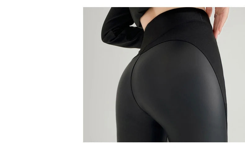BIVIGAOS Herbst Neue Enge Stretch Leder Hosen Frauen Sharkskin Hohe Taille Spleißen PU Leder Fleece Sexy Leggings Winter Warm