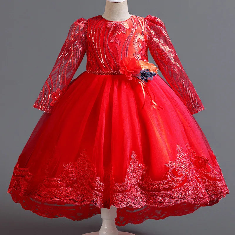 Blumen mädchen Hochzeits kleid lang ärmel ige Spitze Kleid elegante Mädchen Kunst Leistung Prinzessin Kleid Mädchen Karneval Kleidung