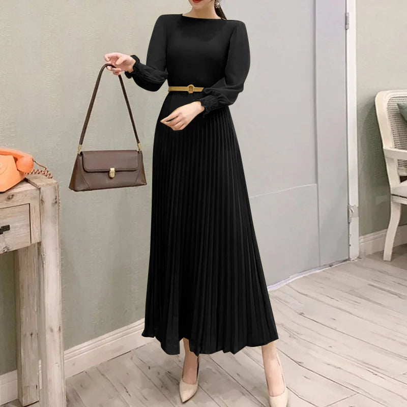 ZANZEA Elegantes Damen-Plisseekleid, edel, gesmokte Bündchen, langärmelig, O-Ausschnitt, Fit und Flare, lang, Vestidos, Pendeln, solide Party-Roben