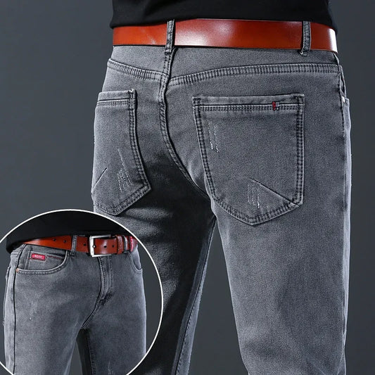 Winter Hot Sale Of The Season Trendy Stretchy Fleece Lined Thick Denim Mid Waist Fashionable Casual Warm Long Pants Men's Jeans.