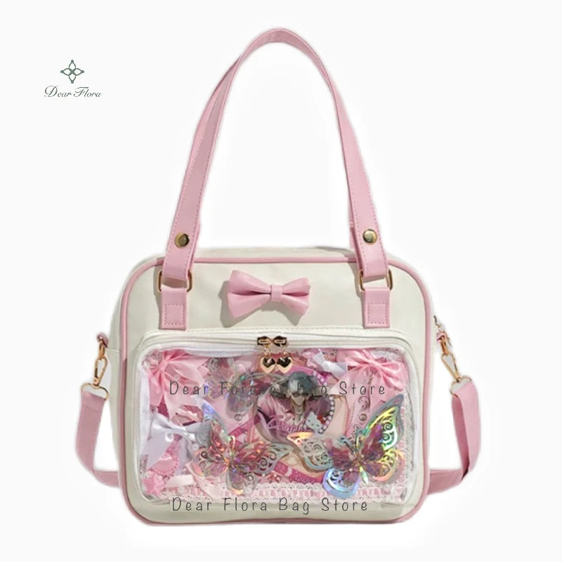 Y2K Cute Bow Ita Bag Girl Transparent Messenger Bag Women Fashion Shoulder Crossbody Bag Ladys DIY Badge Tote Bag Lolita Handbag