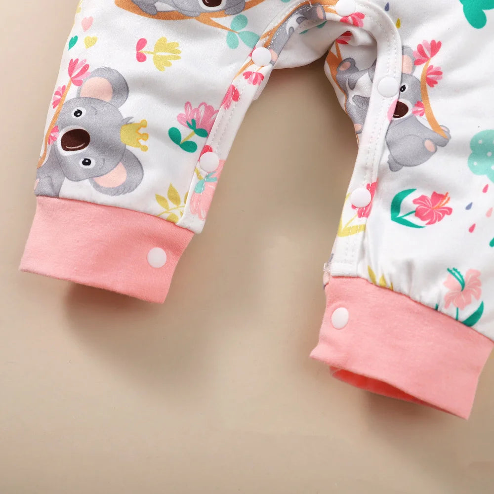 Neugeborenes Baby-Body für Mädchen, süßer kleiner Koala-Body + Stirnband, 2 Stück, passend für 1–12 Monate, Baby-Frühlings- und Herbst-Crawler-Anzug