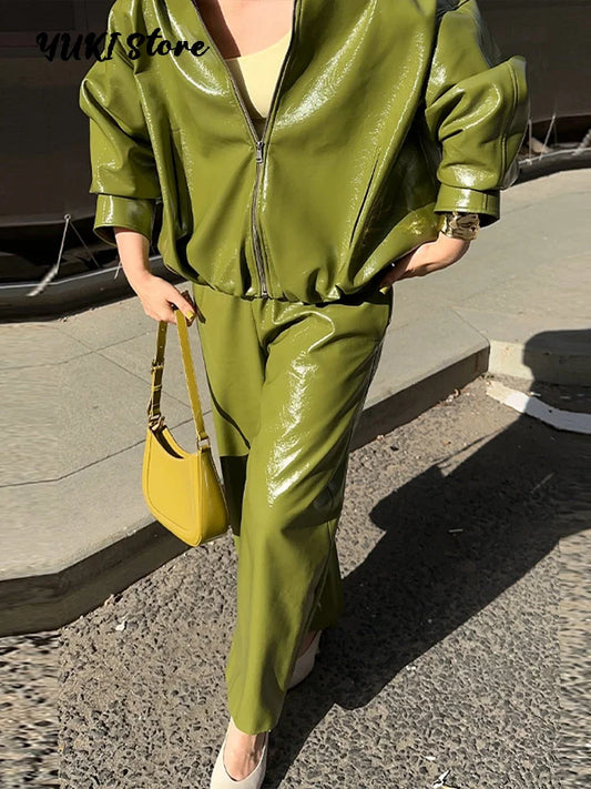 Chic Stand Collar Leather Long Skirt Sets Women Long Sleeve Jackets Spliced Solid Skirts 2025 Autumn Lady Y2k Outfits dress.