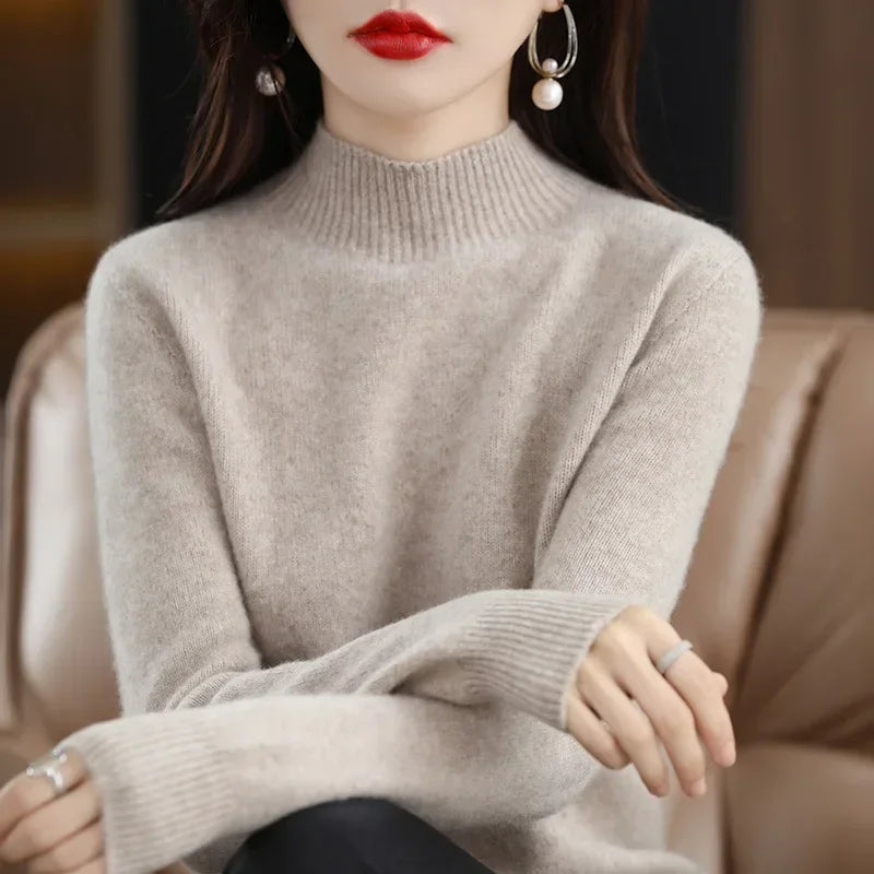 Herbst Winter Frauen Pullover Koreanische Mode Warme Bodenbildung Shirts Halb Hohe Kragen Grundlegende Strickwaren Solide Langarm Pullover