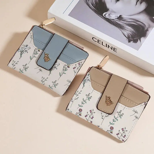 Slim Pu Leather Short Wallet Ins Multi Card Zipper Coin Wallet Strap Small Flower Card Bag Wallet Zipper Strap Women's Girl.