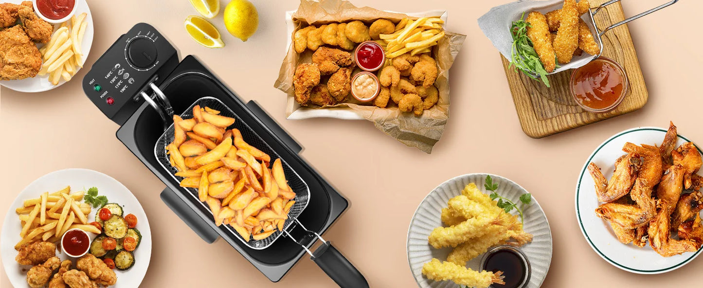 Aigostar Fritteuse 3L, 2200 W, Transparenter Deckel, Herausnehmbare Innenpfanne, Einstellbarer Thermostat, Wedelstahl, BPA-frei