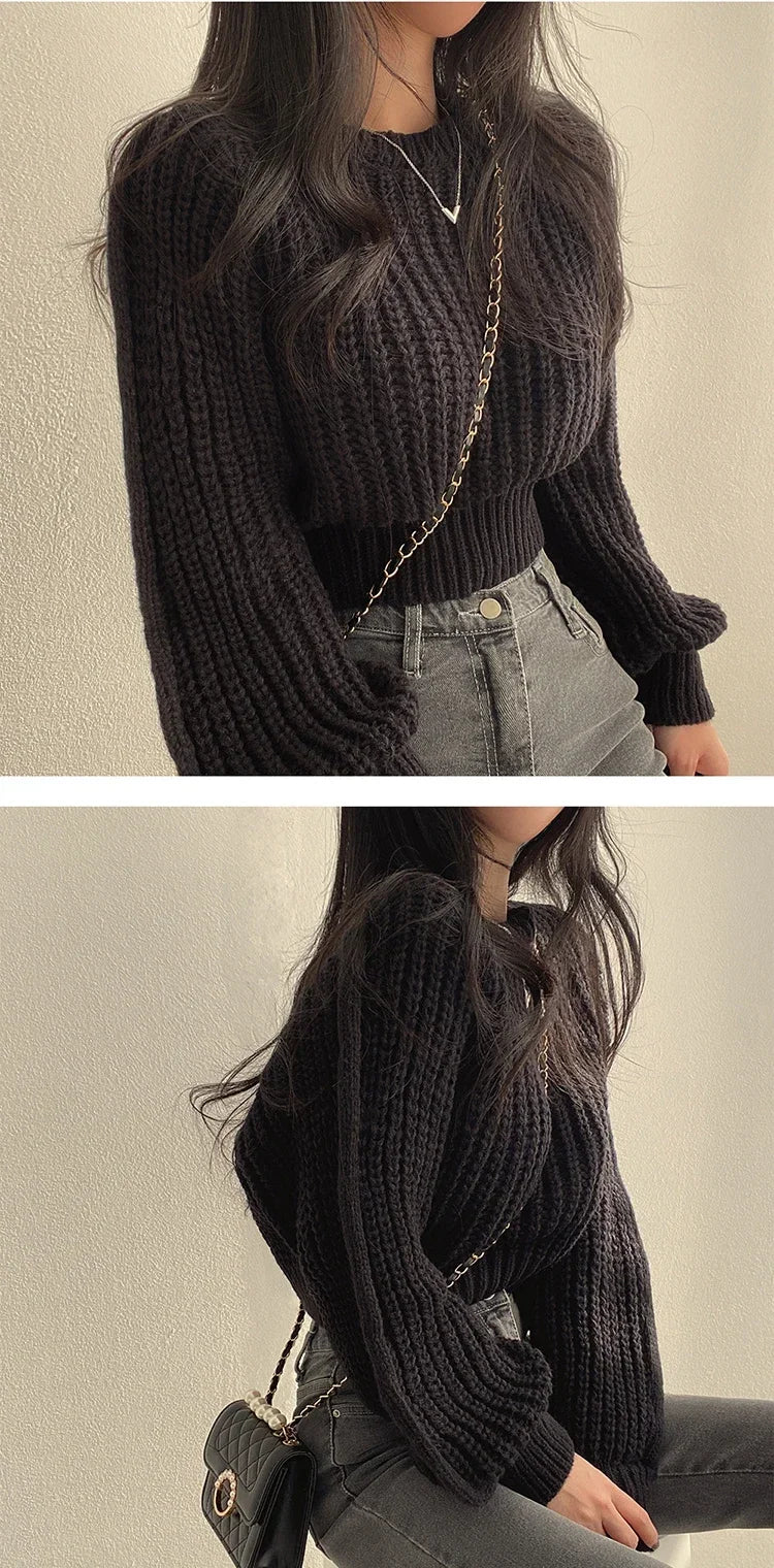 Lose Vintage Harajuku Laterne Langarm Frauen Pullover Koreanische Herbst Winter Strickwaren Weiche Warme Tops Chic Solide Femme Pullover
