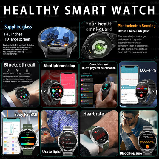 2025New Micro Physical Examination Blood Lipids Uric Acid Blood Pressure Smart Watch ECG+PPG Clock Bluetooth Call Smartwatch Men.