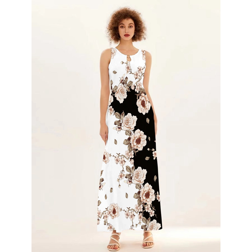 Blumendruck Neues lässiges ärmelloses langes Kleid Damen V-Ausschnitt bedrucktes Kleid Swing Bohemian Retro Kleider