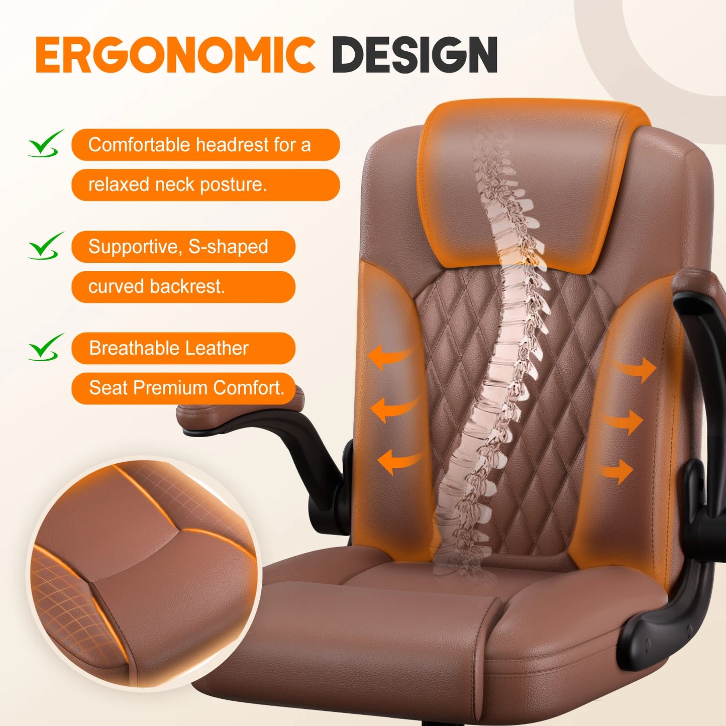 Daccormax Multifunktionaler Bürostuhl, Chefsessel aus hochwertigem Leder, bequeme Kopfstütze und Armlehnen, atmungsaktive Rückenlehne.