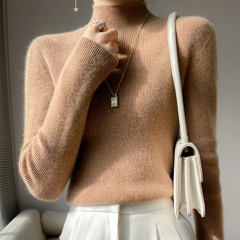 Herbst Winter Frauen Pullover Slim Fit Hohe Strecth Pullover Langarm Inneren Tragen Mock Neck Gestrickte Tops Koreanische Mode Jumper