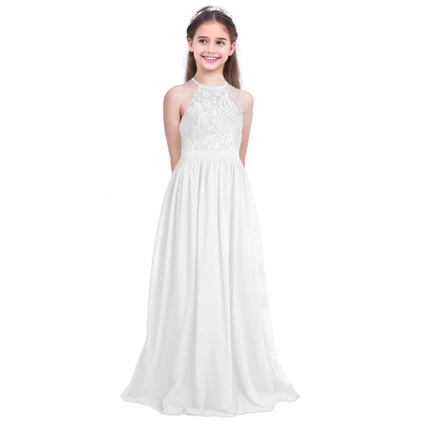 Sommer Mode Blume Mädchen Kleid Hochzeit Geburtstag Party Kinder Lange Kleid Vestido Elegante Halter Neck Floral Spitze Prinzessin Kleid