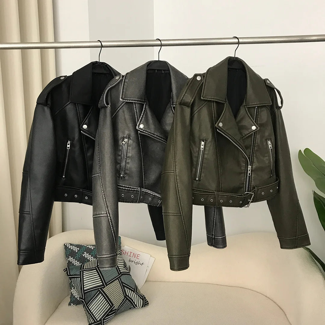 Neue Frühjahr Frau Faux Leder Jacke Chic Vintage Amerikanische straße tragen Kurze Revers Zipper Gürtel Biker Mäntel Mode Streetwear