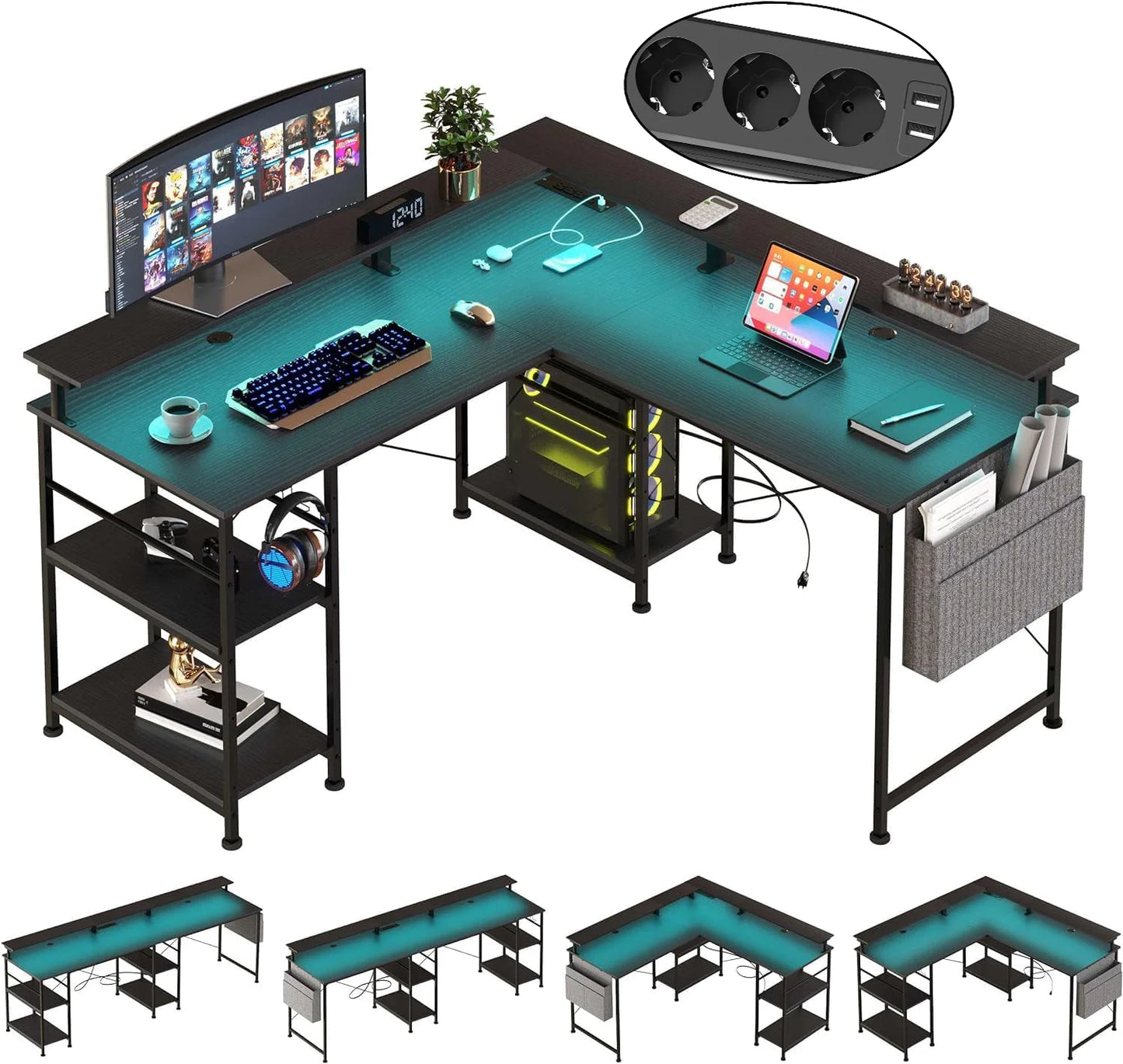 L-förmiger Schreibtisch Computertisch mit Regal, Steckdose, USB, LED RGB, Gaming Bürotisch, Grau/Schwarz