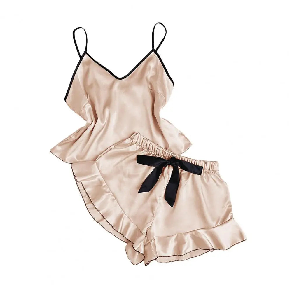 Damen-Pyjama-Set mit Trägern, elegantes Satin-Damen-Pyjama-Set mit Spaghettiträger-Oberteil, rückenfrei, V-Ausschnitt, Rüschen, plissiert für Komfort